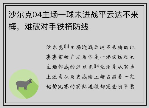 沙尔克04主场一球未进战平云达不来梅，难破对手铁桶防线
