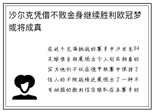 沙尔克凭借不败金身继续胜利欧冠梦或将成真
