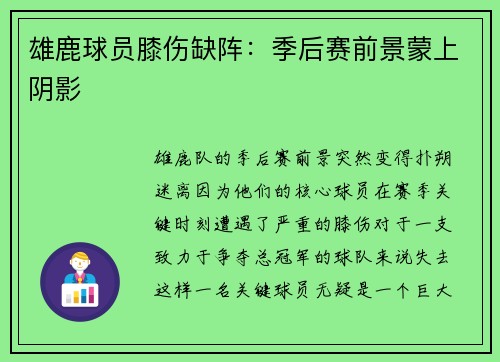 雄鹿球员膝伤缺阵：季后赛前景蒙上阴影