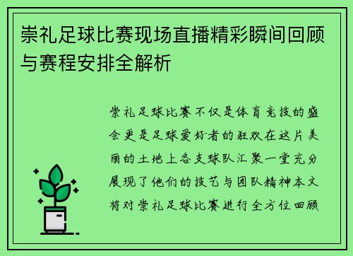 崇礼足球比赛现场直播精彩瞬间回顾与赛程安排全解析